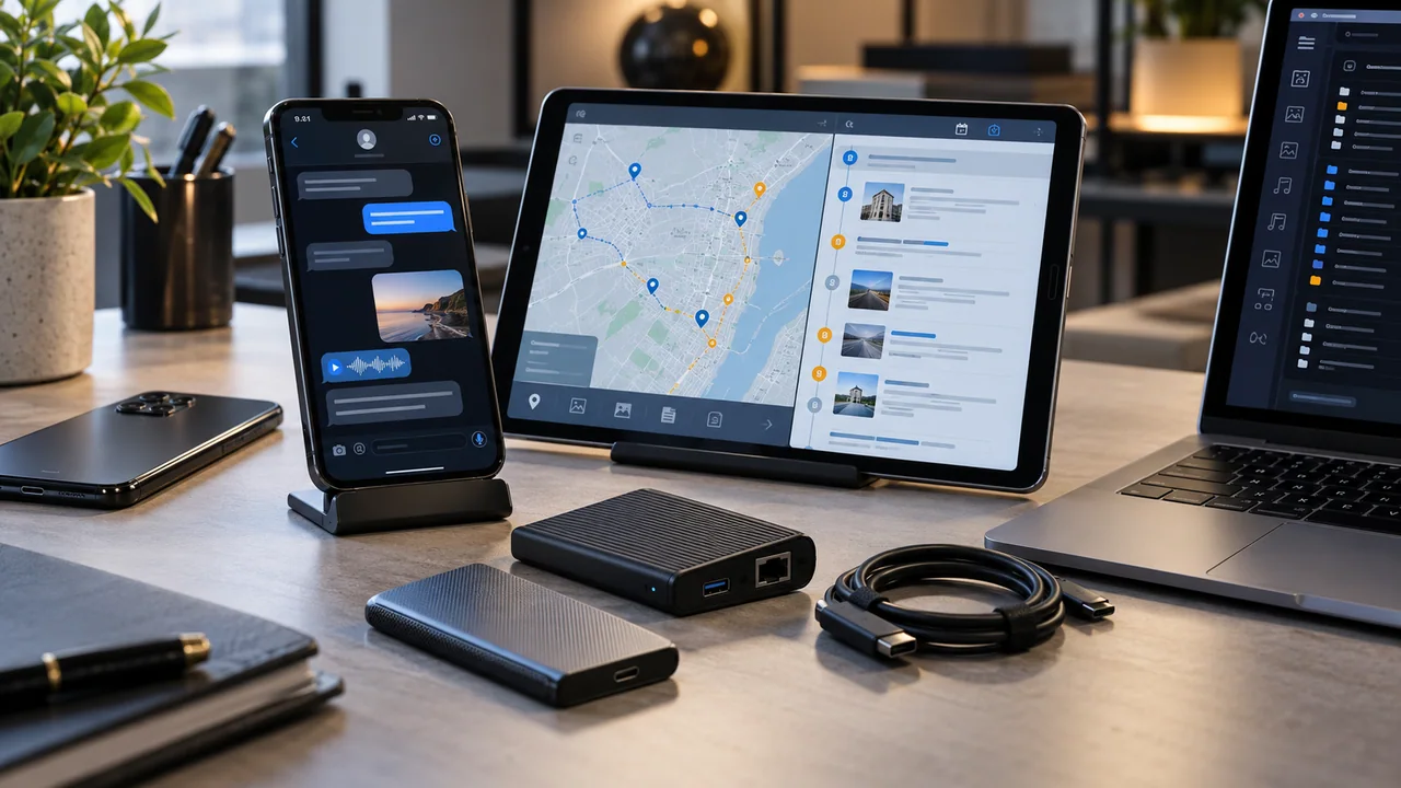 Celulares, iPad e equipamentos de análise digital.